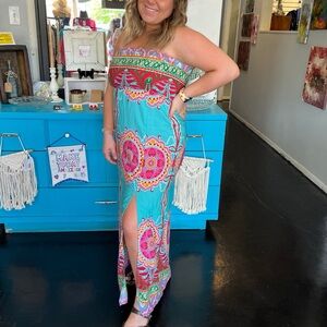 Candy Rose Womens Maxi Strapless Dress Size Large Pink Blue Long Stretch A Line